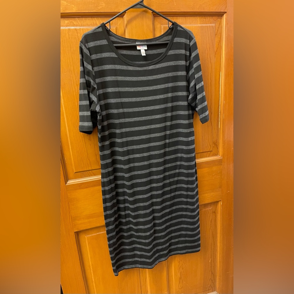 LuLaRoe Julia dress. Black & heathered charcoal gray stripes. Worn once.